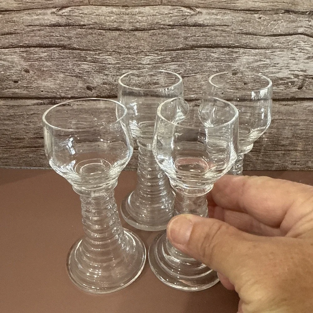 Vintage Hand Blown Glass 4 Pcs Hollow Stem Ribbed Roemer Style Cordial Glasses